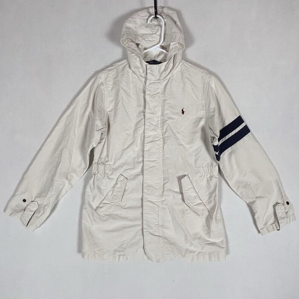Polo by Ralph Lauren Cream Hooded Raincoat with Navy Stripe